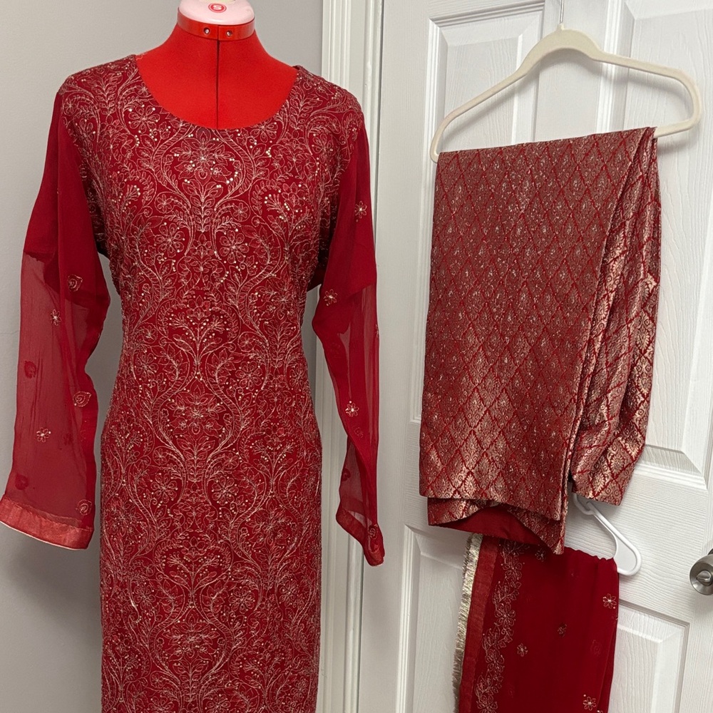 Embroidered Red Formal trouser Kameez Set